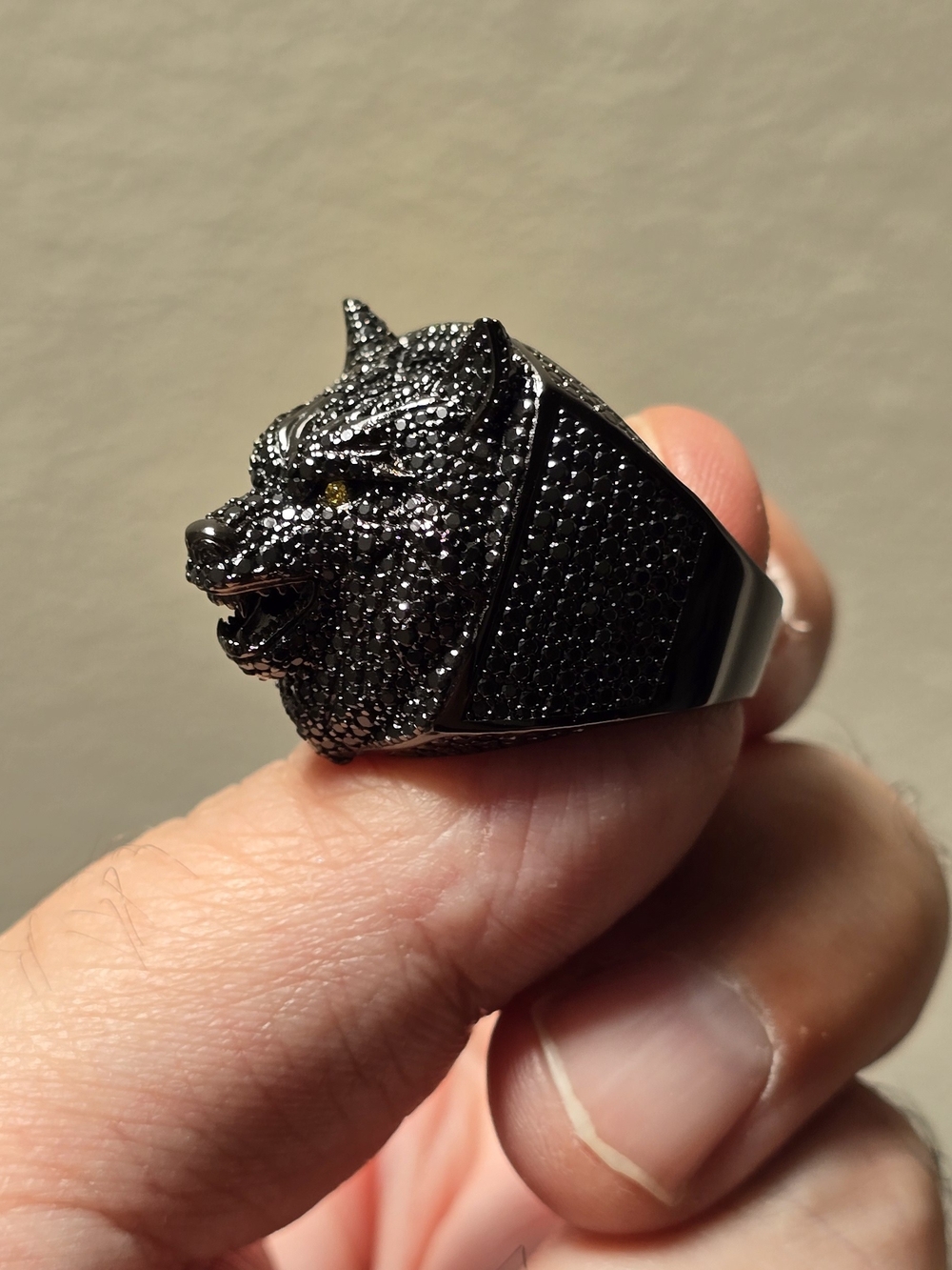 Neve Jewelry Sterling Silver 925 Moissanite Pave Black Wolf Head Luxury Ring - Picture 7 of 9